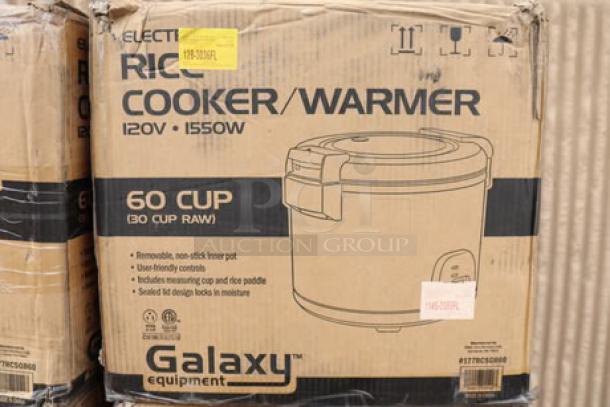 Brand new Galaxy 177RCSGB60 60 Cup Electric Rice Cooker/Warmer, 120V, 1550W, with damaged packaging; may have scratches/dents.