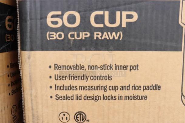 Galaxy 177RCSGB60 60 Cup Electric Rice Cooker, new, original box damaged, features non-stick pot, and user-friendly controls.