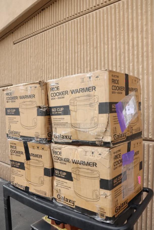 Galaxy 177RCSGB60 60 Cup Rice Cooker in damaged packaging. New condition, potential scratches/dents. 120V, 1550W.