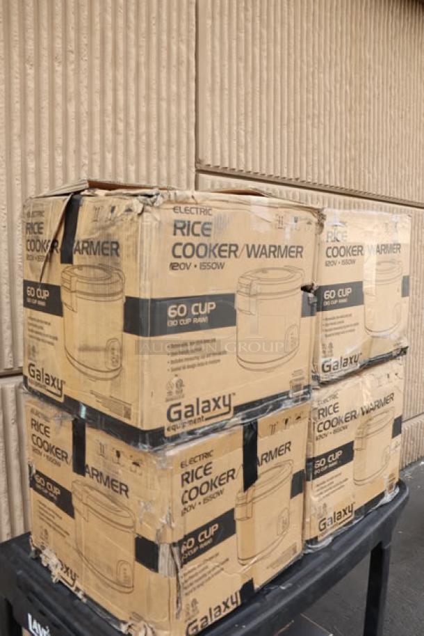 Brand new Galaxy 177RCSGB60 60 Cup Electric Rice Cooker in damaged boxes. May have slight scratches or dents. 120V, 1550W.