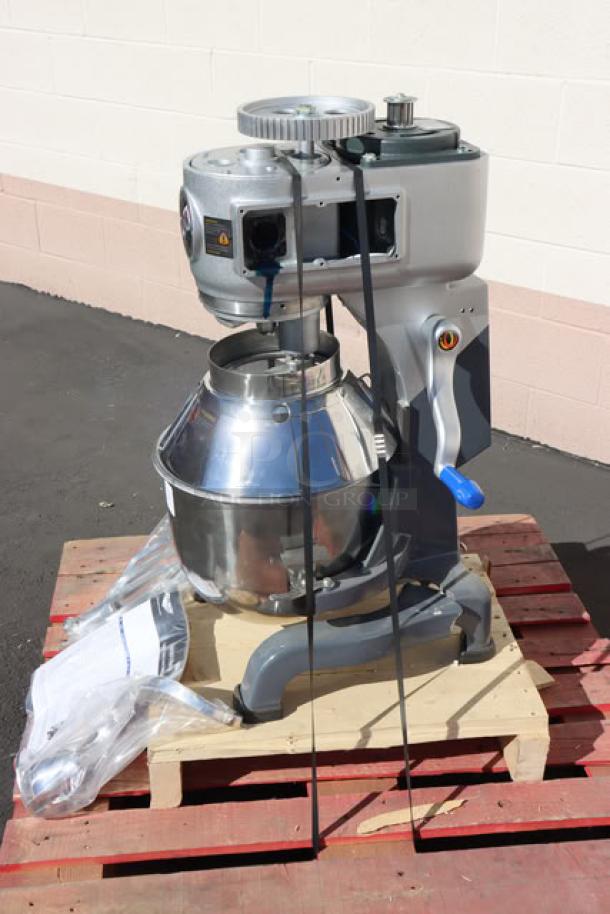 Vollrath 40757 20 Qt. planetary stand mixer, 120V, 1/2 hp, with guard, on pallet. Mixer is damaged; many parts usable.