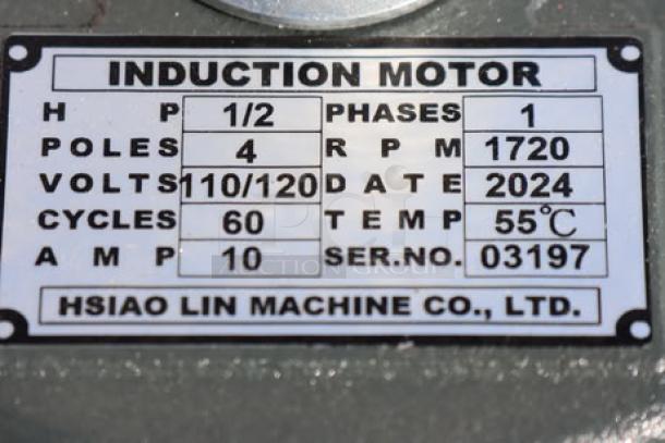 Induction motor label showing specifications: 1/2 HP, 4 poles, 120V, 1720 RPM, 55°C, serial 03197, by Hsiao Lin Machine Co., Ltd.