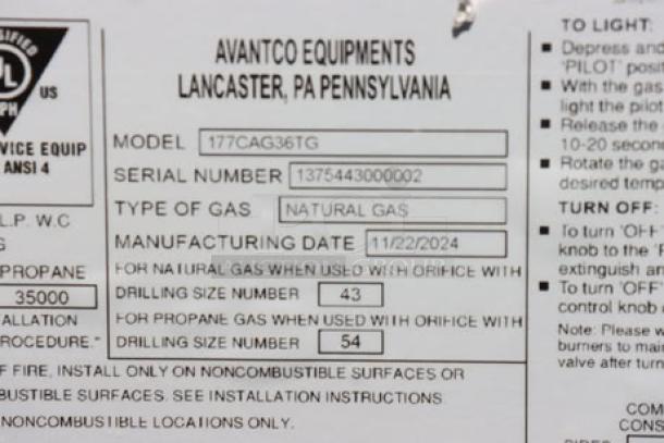 Brand new Avantco CAG-36-TG 36" gas griddle; 105,000 BTU; missing knob; S/N: 1375443000002; natural gas type.