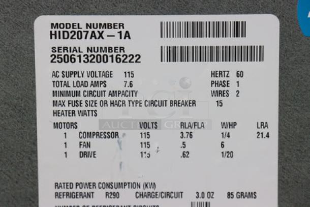 Label of Scotsman HID207AX-1A ice machine, showing model and serial numbers, voltage, and power specifications.