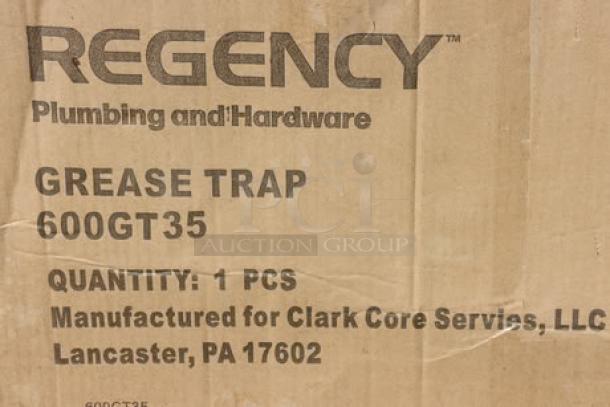 BRAND NEW Regency 600GT35 grease trap box, showing model and details. Contains 70 lb. 35 GPM unit, PDI certified.