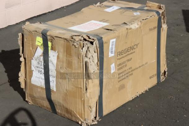 Regency 600GT35 70 lb. grease trap in damaged packaging; features include 35 GPM flow rate, 3" non-threaded connections, PDI certified.