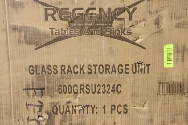 Regency 600GRSU2324C stainless steel glass rack storage unit packaging, marked as scratch-n-dent, new condition.