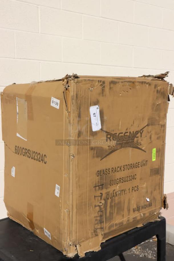 Regency 600GRSU2324C glass rack storage unit box, brand new with visible packaging damage, tags indicate item details.
