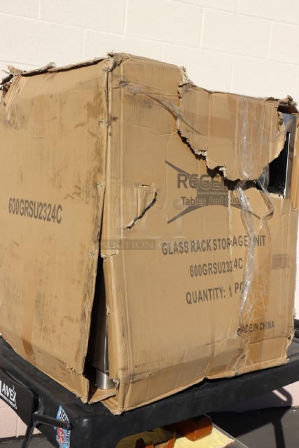 Brand new Regency 600GRSU2324C stainless steel glass rack storage unit, scratch-n-dent condition, 23"x24", boxed.