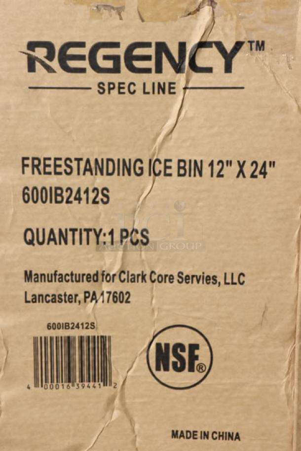 Brand new Regency Spec Line 24"x12" underbar ice bin model 600IB2412S. Scratch-n-dent; holds 35 lbs. NSF certified.