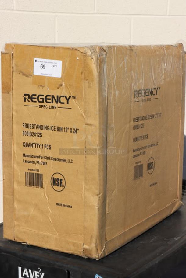 Brown box labeled "Regency Spec Line, 24x12", Model 600IB2412S." Box shows moderate wear, marked NSF certified.