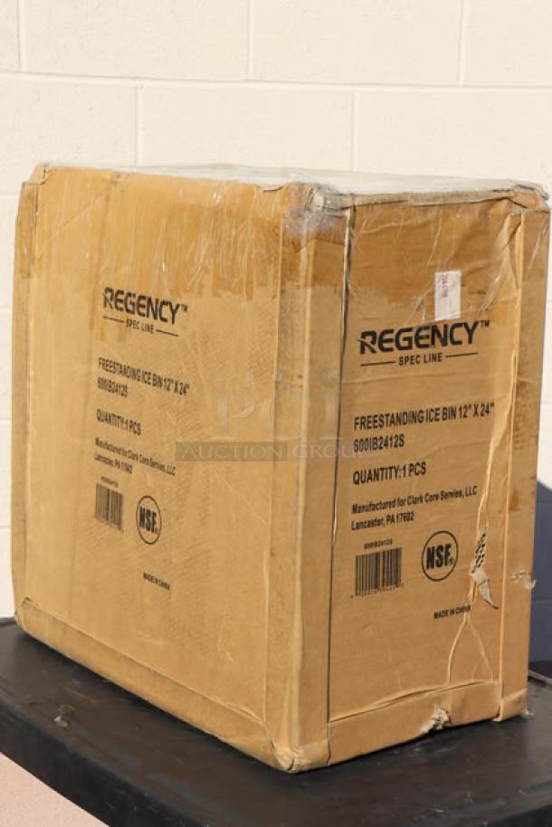 Regency underbar ice bin, model 600IB2412S, 24"x12", 35 lb capacity, scratch-n-dent condition, in original packaging.