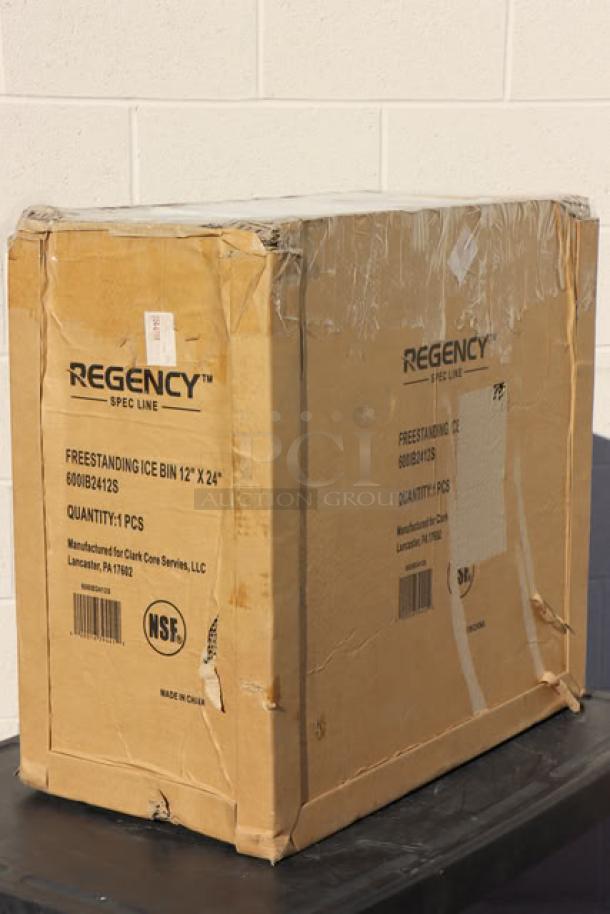 Regency 600IB2412S ice bin, 35 lb, new, in worn box. Marked as freestanding, NSF certified, 24"x12" underbar model.