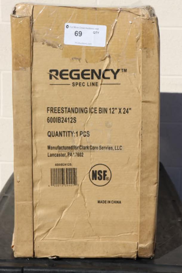 Brand new Regency 600IB2412S 24" x 12" underbar ice bin, 35 lb. capacity. Scratch-n-dent condition, in original packaging.