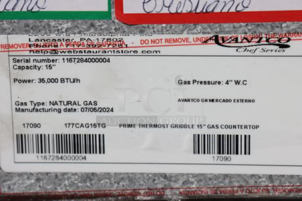 Brand new Avantco CAG-15-TG 15" countertop gas griddle, 35,000 BTU, thermostatic controls. Serial number: 1167284000004.