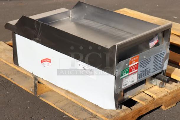 Brand new Avantco CAG-15-TG countertop gas griddle with thermostatic controls, 35,000 BTU, seen with original tags.