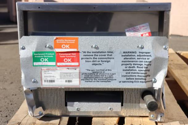 Avantco CAG-15-TG countertop gas griddle, new condition, 35,000 BTU. Features thermostatic controls, inspection labels visible.