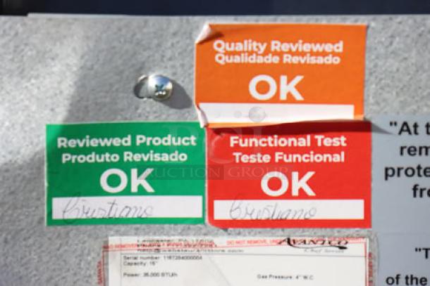 Avantco Chef Series CAG-15-TG gas griddle, 15" countertop, thermostatic controls, 35,000 BTU, quality reviewed, functional test OK.