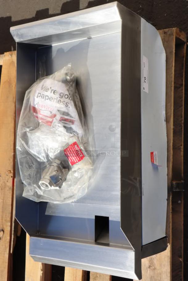 Brand new Avantco CAG-15-TG gas griddle, stainless steel, 15" countertop, 35,000 BTU, thermostatic controls, model label visible.