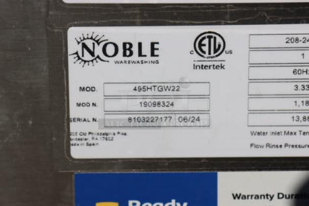 Noble Warewashing HTGW high-temp underbar glass washer label; serial number 8103227177, model 495HTGW22, ETL certified.