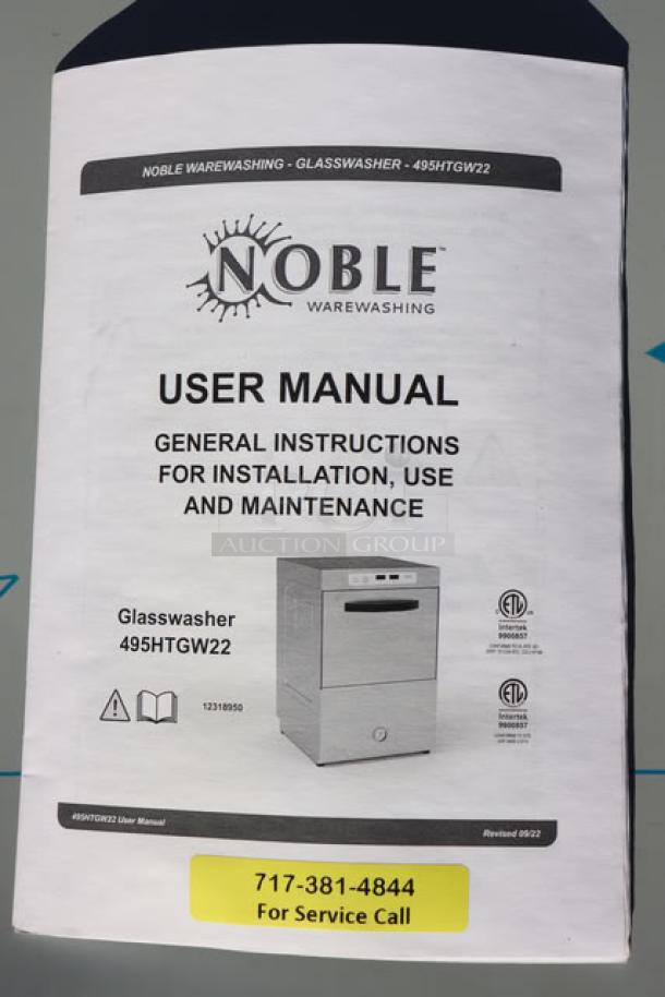 Noble Warewashing HTGW glass washer user manual shown, featuring installation, use, and maintenance instructions.