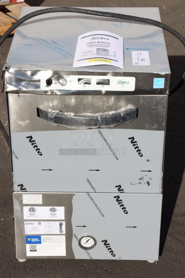 BRAND NEW Noble Warewashing HTGW High-Temp Underbar Glass Washer, 208V/240V, 1 Phase, shown with manual and protective film.