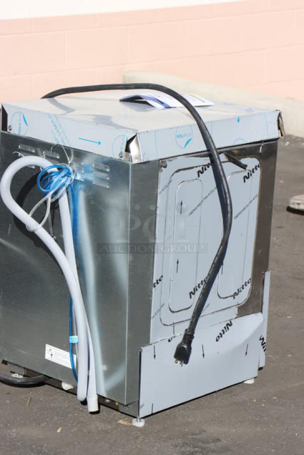 BRAND NEW Noble Warewashing HTGW underbar glass washer, 208V/240V, showing protective wrapping and hoses.