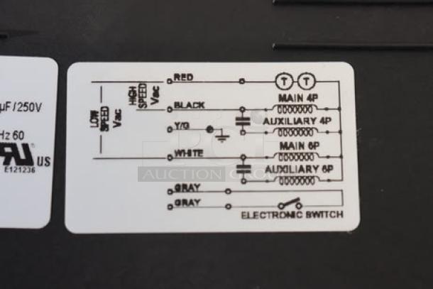 Alt text: Blodgett 56966 blower motor wiring diagram, showing connections for main and auxiliary functions on a label.