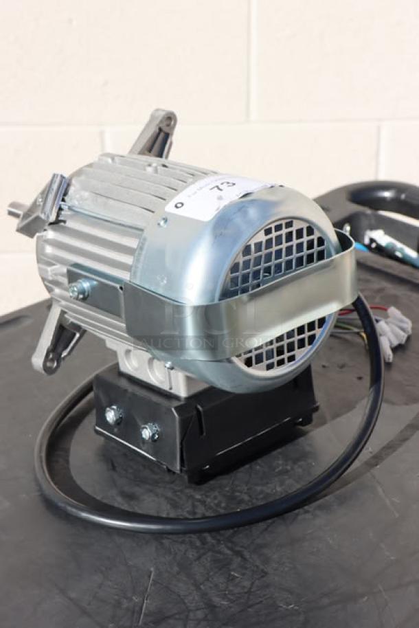 Brand new Blodgett 56966 blower motor, out of packaging. Features include metal casing and attached wiring.