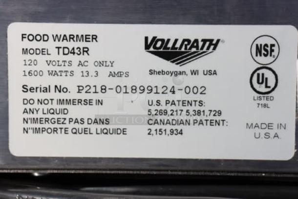 Vollrath 72050 Cayenne Food Rethermalizer label, 120V, 1600W, Serial No. P218-01899124-002, NSF, UL certified, Made in USA.