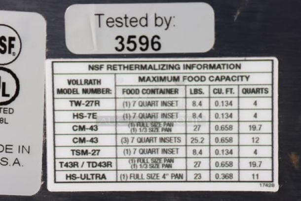 Vollrath 72050 Heat 'n Serve rethermalizer label, showing NSF info, model comparison, and test number 3596.