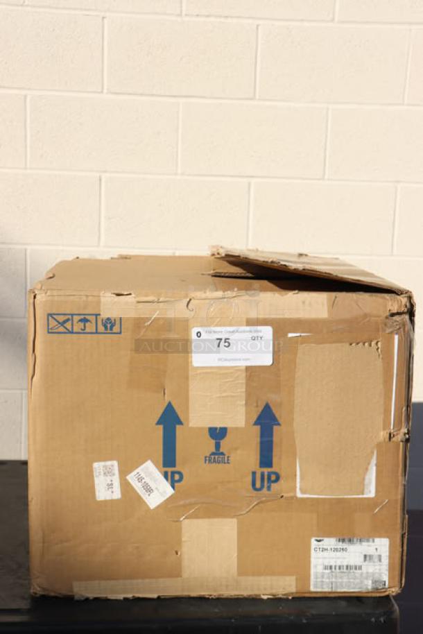 New Vollrath CT2H-120250 conveyor toaster in damaged packaging with potential scratching and denting. Labels show model and serial number.