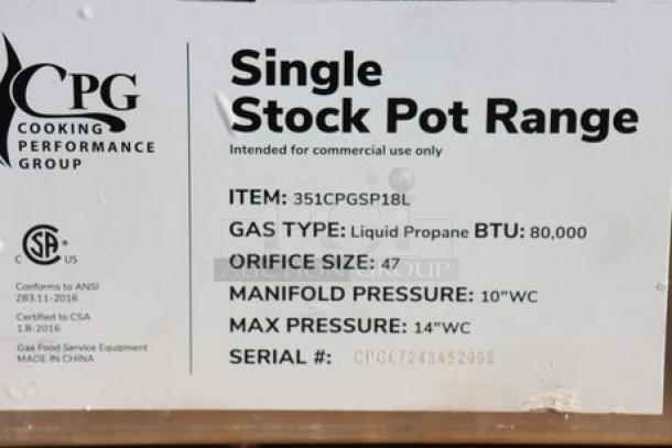 Cooking Performance Group CPG-SP-18-L stock pot range, 80,000 BTU, liquid propane, new, serial CPG67243452998.