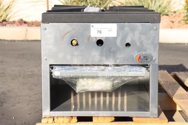 Brand new Cooking Performance Group CPG-SP-18-L stock pot range, 80,000 BTU, liquid propane, minor cosmetic damages, model label visible.