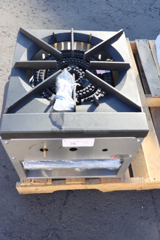 BRAND NEW Cooking Performance Group CPG-SP-18-L liquid propane stock pot range, 80,000 BTU, with minor scratches, on pallet.