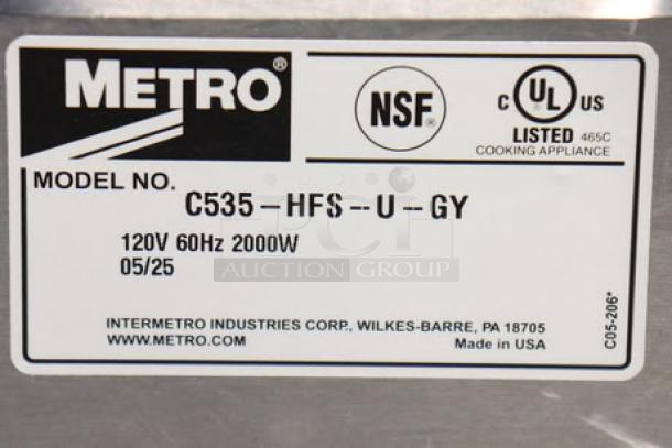 Brand new Metro C535-HFS-U-GY heated holding cabinet label, showing model number and electrical specifications.