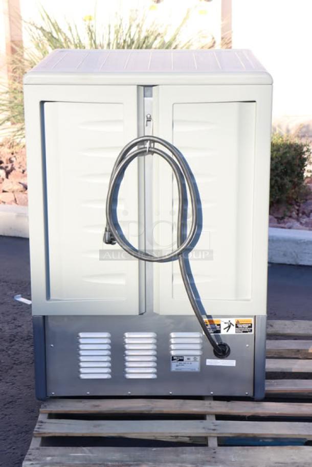 Brand new Metro C535-HFS-U-GY heated holding cabinet, solid door, gray, 120V, 16.7A, 2000W, shown on pallet.