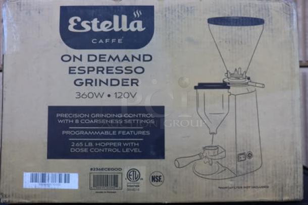 BRAND NEW Estella Caffe ECEGOD Espresso Grinder, 120V, with damaged packaging and potential scratches or dents.