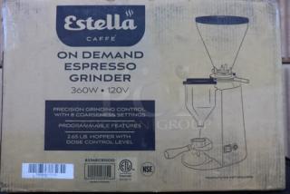 BRAND NEW Estella Caffe ECEGOD Espresso Grinder, 120V, with damaged packaging and potential scratches or dents.