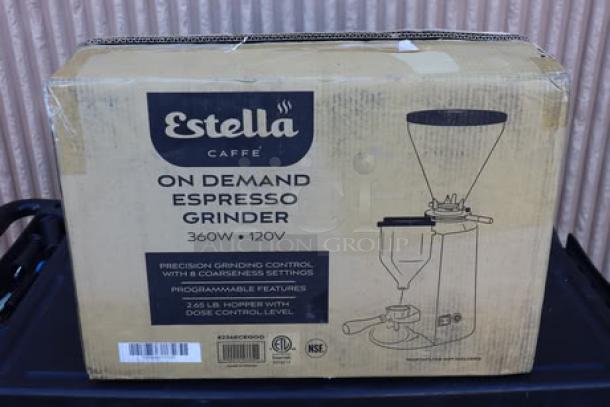 Brand new Estella Caffe ECEGOD On Demand Espresso Grinder, 120V, 360W in original damaged packaging. Unit may have scratches and dents.