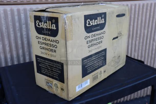 BRAND NEW Estella Caffe ECEGOD Espresso Grinder in box, 120V. Box damaged; potential scratching/denting on unit.