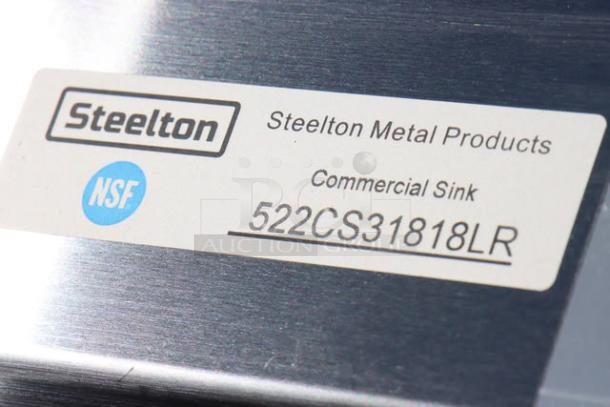 Steelton 522CS31818LR label, commercial sink, 18-gauge stainless steel. Model details, NSF logo visible.