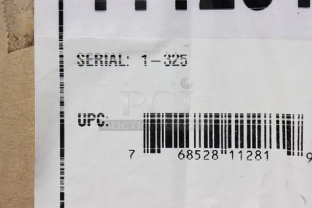 Paragon 1112810 Classic Pop 14 oz. Popcorn Machine label showing Serial No. 1-325 and UPC code. Glass pane broken.