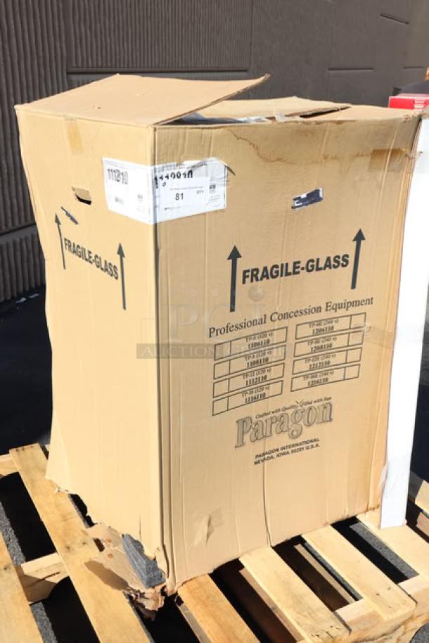 Paragon 1112810 Classic Pop 14 oz. Popcorn Machine, brand new, broken glass pane, boxed with "Fragile-Glass" markings.
