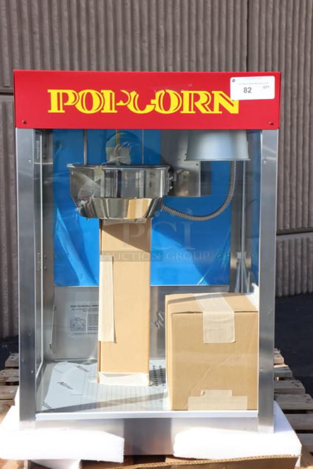 Cretors T-3000 Popcorn Popper, new, unboxed, red top, 12 oz, 120v. Top backside dented. Model T312A11-XXX-CSS, S/N: visible.