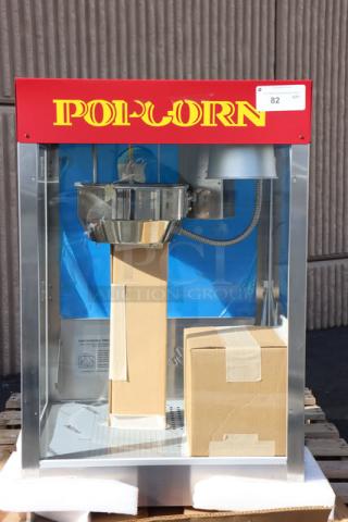 Cretors T-3000 Popcorn Popper, new, unboxed, red top, 12 oz, 120v. Top backside dented. Model T312A11-XXX-CSS, S/N: visible.