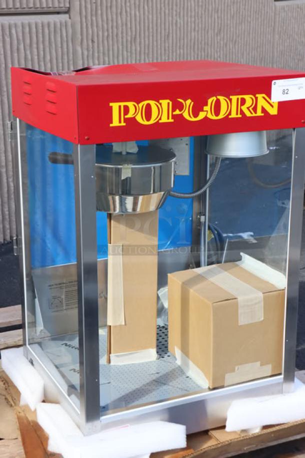 Cretors T-3000 Popcorn Popper, 12 oz, 120v, red top, dented backside. New, unboxed. Model T312A11-XXX-CSS.