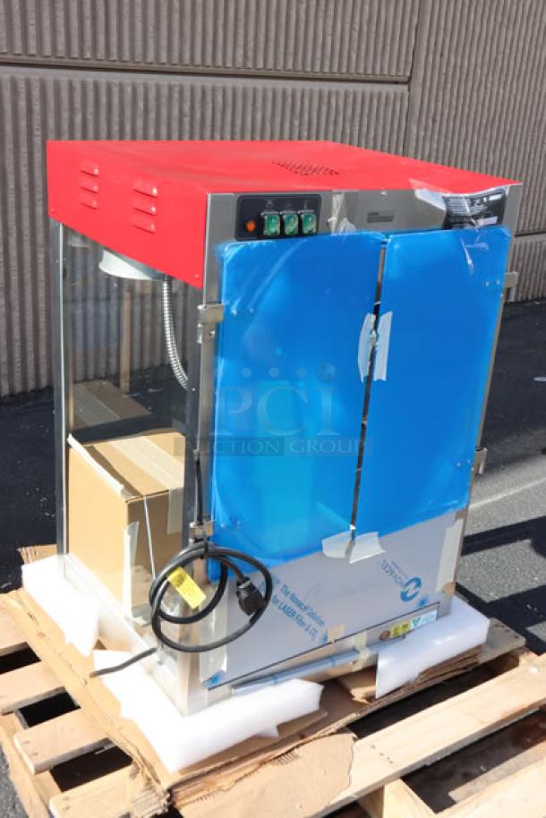 Brand new Cretors T-3000 12oz popcorn popper, red top, unboxed. Top backside dented. Model T312A11-XXX-CSS, 120v.