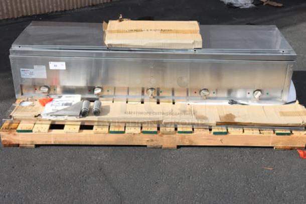 ServIt 423ESTSWOPB five pan open well electric steam table, partially enclosed base, new with scratches and dents, 208/240V, 3750W, serial number 2025030502027, visible dirt in wells, possible missing small parts.