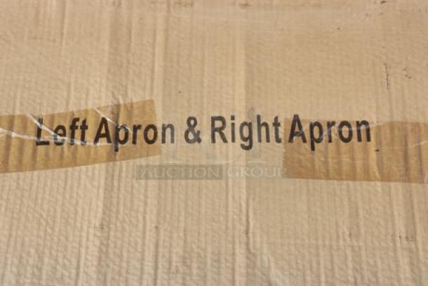 Cardboard packaging labeled "Left Apron & Right Apron," taped on a worn surface.
